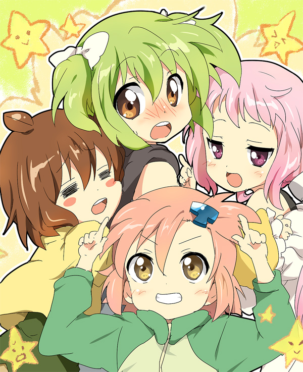 4girls, bad_id, blush, brown_hair, embarrassed, green_hair, happy, hug