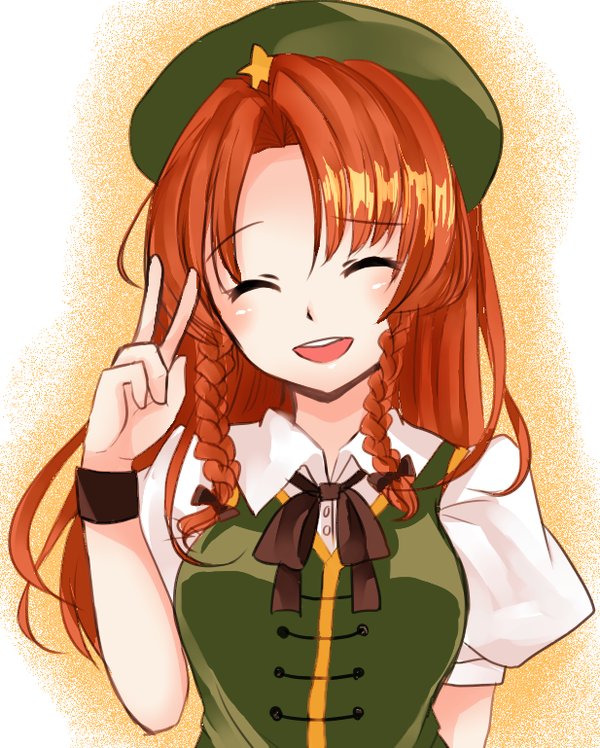 1girl, beret, braid, chinese_clothes, closed_eyes, hair_ribbon, hat, hong_meiling