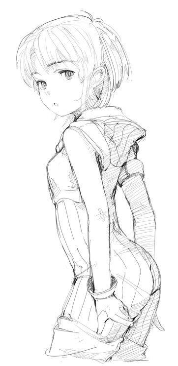 bad_id, gloves, looking_back, moke, monochrome, original, short_hair, sketch