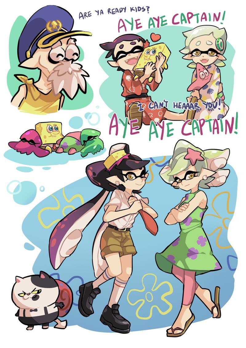 +_+, 2boys, 2girls, adjusting_necktie, aori_(splatoon), beard, belt, black_hair, bow, buck_teeth, cat, character_doll, closed_eyes, commander_atarime, crossed_arms, domino_mask, dress, earrings, english, facial_hair, fangs, freckles, gary_the_snail, hair_bow, hotaru_(splatoon), jajji-kun_(splatoon), japanese_clothes, jewelry, kimono, kneehighs, leggings, looking_at_viewer, mask, multiple_boys, multiple_girls, necktie, object_on_head, old_man, open_mouth, pants, pants_rolled_up, patrick_star, patrick_star_(cosplay), red_necktie, sandals, shorts, sleeping, sleeveless, smile, snail, splatoon, spongebob_squarepants, spongebob_squarepants_(character), spongebob_squarepants_(cosplay), squid, starfish, stuffed_toy, suction_cups, sundress, tentacle_hair, white_hair, wong_ying_chee, younger