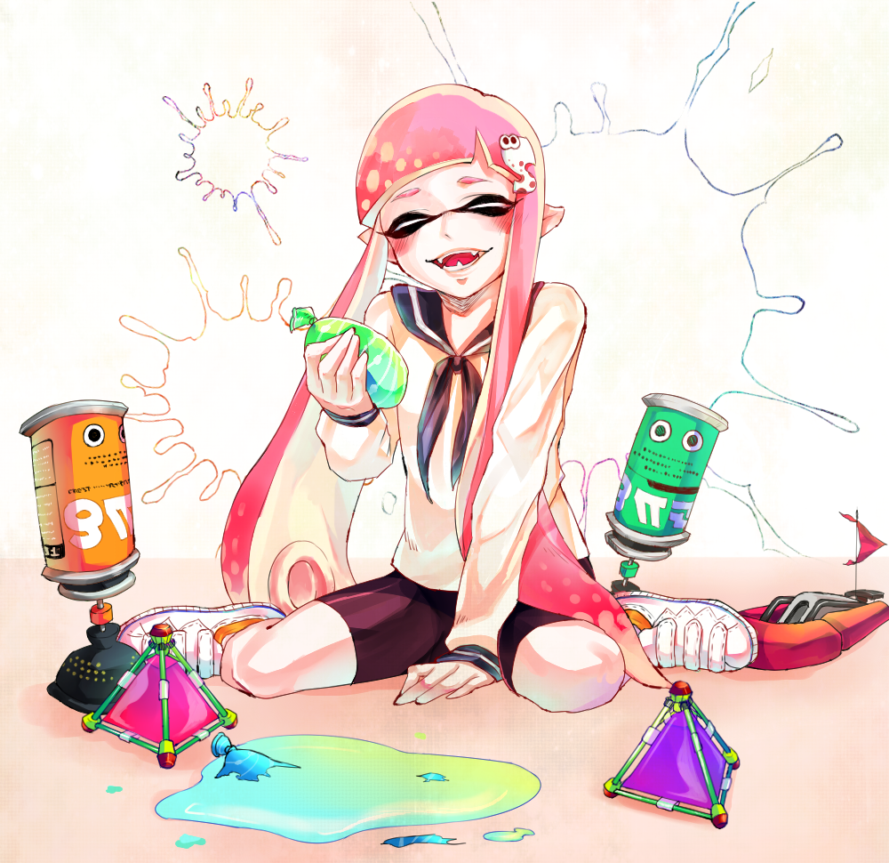 1girl, bike_shorts, blush, bomb, burst_bomb, closed_eyes, domino_mask, fangs