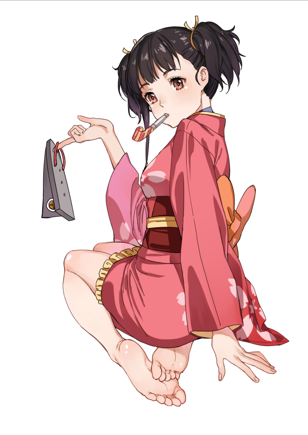 1girl, bare_legs, barefoot, black_hair, brown_eyes, brown_hair, feet, floral_print