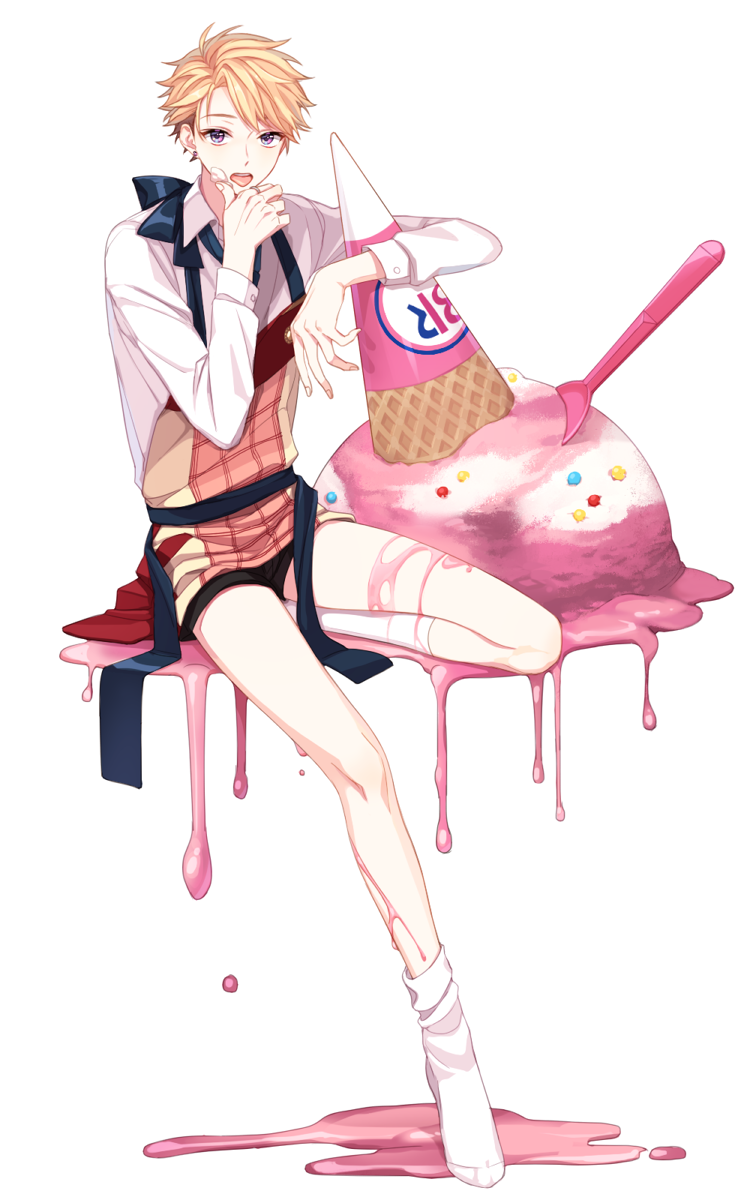 1boy, apron, baskin-robbins, blonde_hair, ensemble_stars!, food, food_on_face, highres