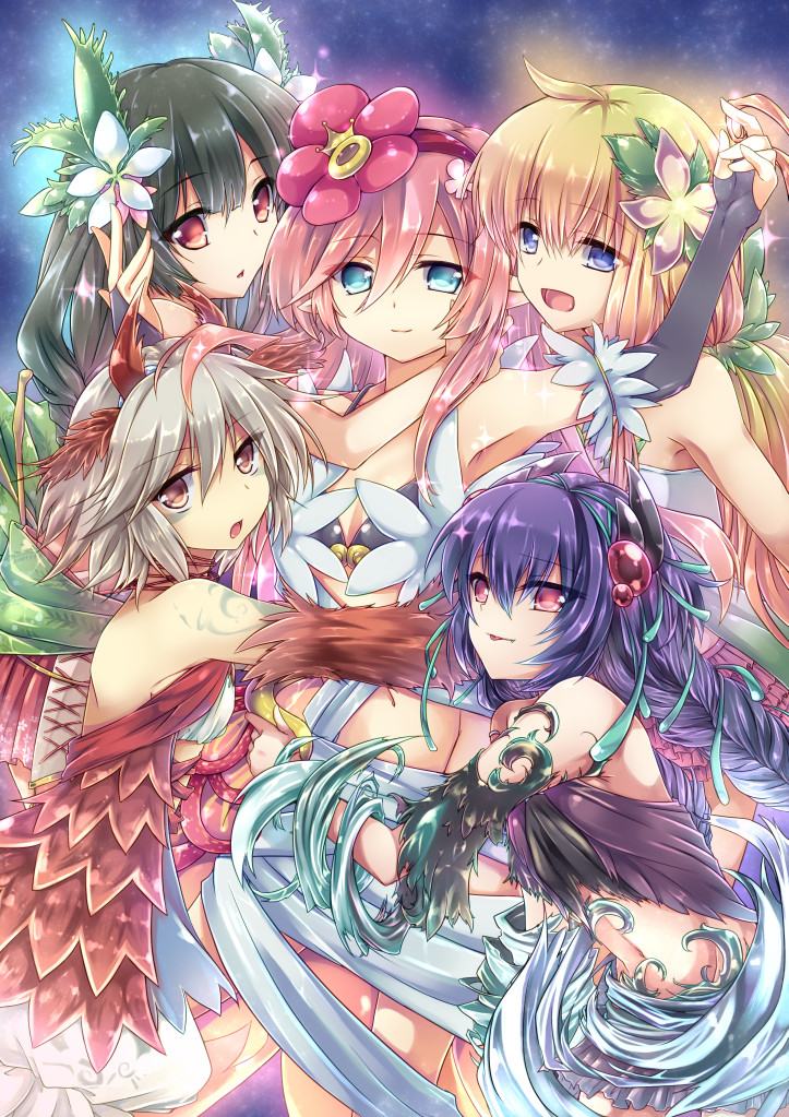 5girls, bare_shoulders, black_bra, black_eyes, black_hair, blonde_hair, blue_eyes, bra