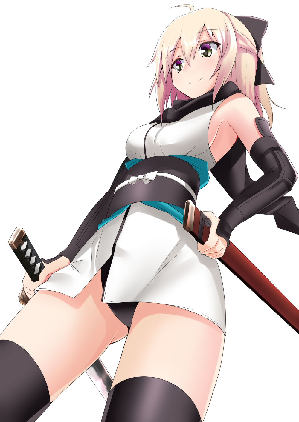 1girl, ahoge, ass, ass_visible_through_thighs, black_legwear, black_panties, blonde_hair, breasts, fate/grand_order, fate/stay_night, fate_(series), highres, japanese_clothes, katana, kimono, koha-ace, mito_yoshihiro, obi, panties, sakura_saber, sash, scarf, sheath, sideboob, smile, solo, sword, thigh-highs, underwear, weapon, white_background