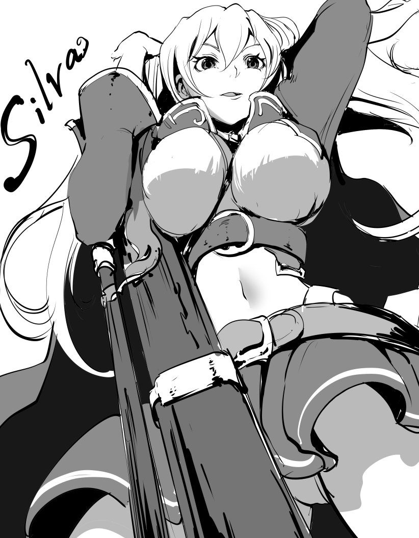 1girl, ahoge, belt, between_breasts, breasts, character_name, cropped_jacket, from_below, granblue_fantasy, greyscale, gun, large_breasts, long_hair, long_sleeves, miniskirt, mochi_(bokkuri), monochrome, navel, open_mouth, panties, pantyshot, silva_(granblue_fantasy), simple_background, skirt, solo, strap, strap_cleavage, underwear, weapon, white_background