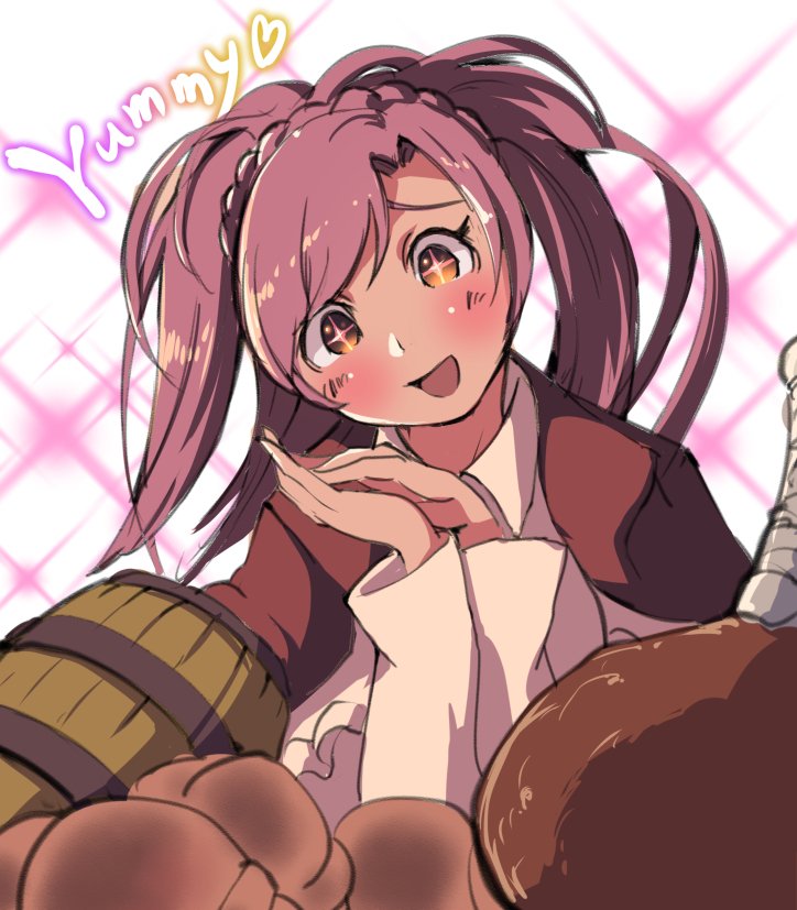 +_+, 1girl, :d, amira_(shingeki_no_bahamut), barrel, blush, braid, english