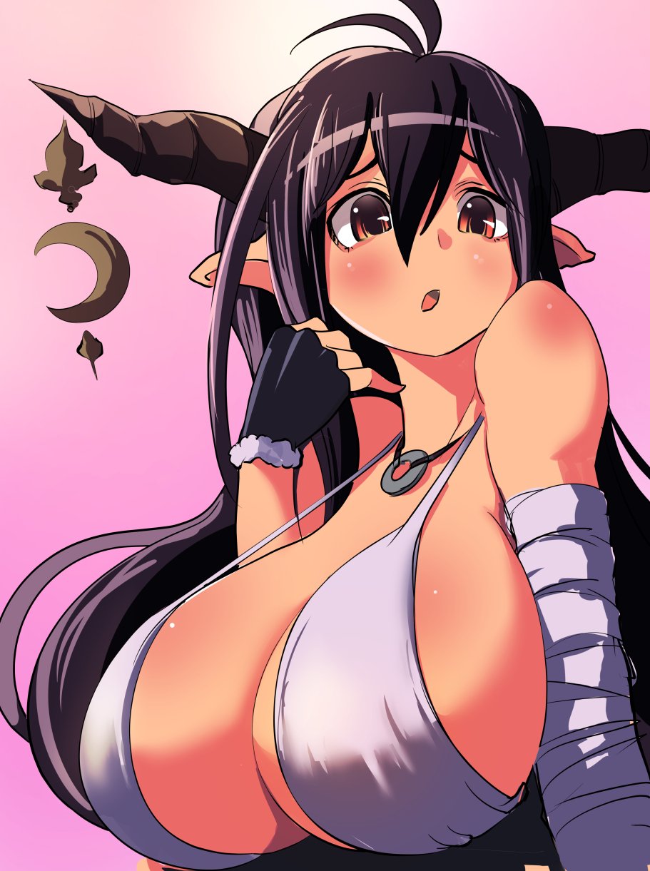 1girl, antenna_hair, bandaged_arm, bandages, black_gloves, blush, breasts, cleavage