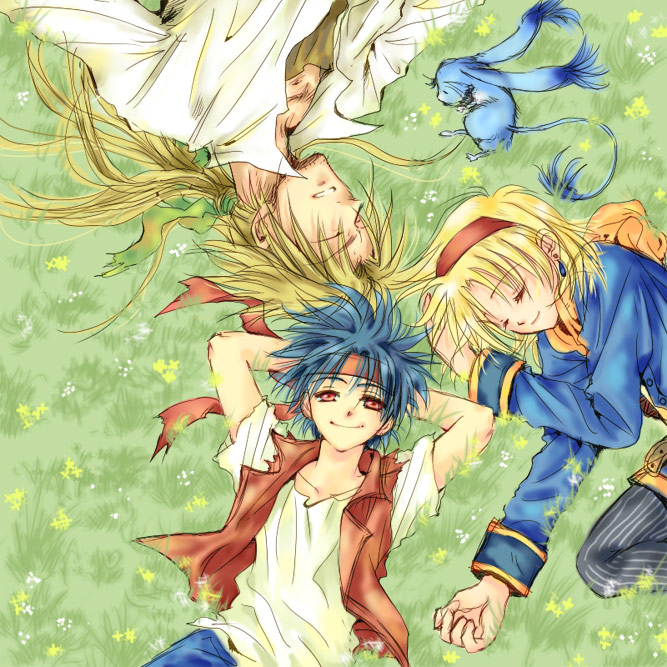 1girl, 2boys, ahoge, bandages, blonde_hair, blue_hair, cecilia_lynne_adelhyde, gloves