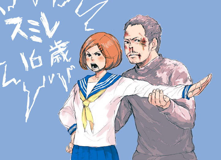 1boy, 1girl, black_hair, blood, blue_background, brown_hair, copyright_name, doll_joints, facial_hair, hand_on_hip, joints, mustache, nosebleed, puppet, school_uniform, serafuku, short_hair, simple_background, sumire_16-sai!!, turtleneck, yotsuya_sumire