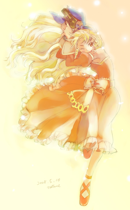 1girl, blonde_hair, bow, brown_eyes, calamity_jane, detached_sleeves, dress, drill_hair