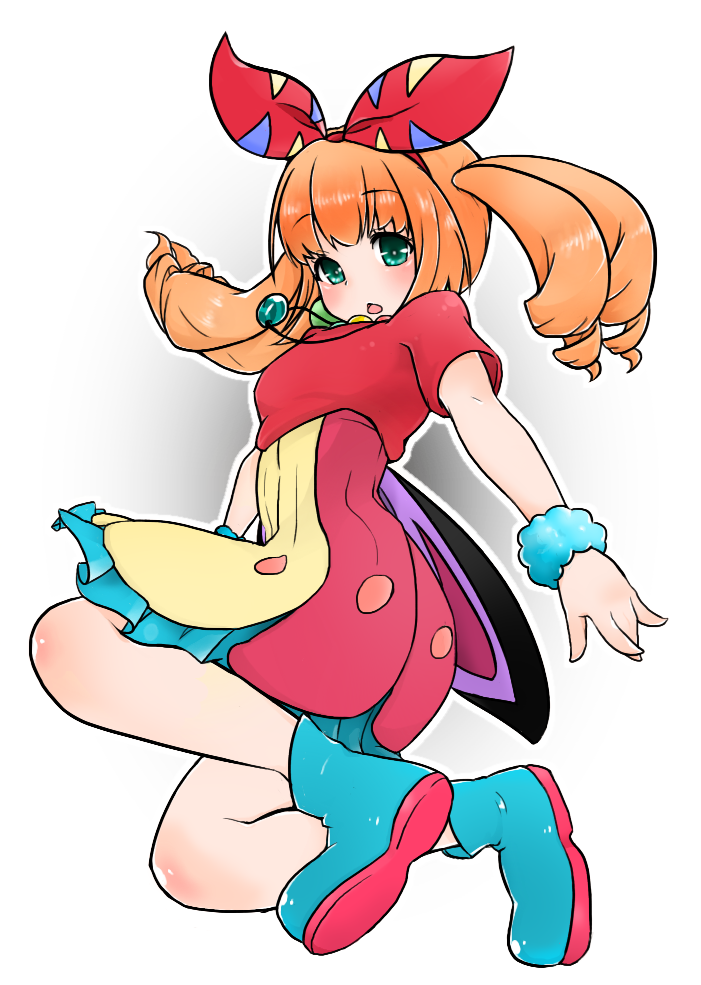 1girl, blush, boots, bow, dress, floating, floating_hair, green_eyes