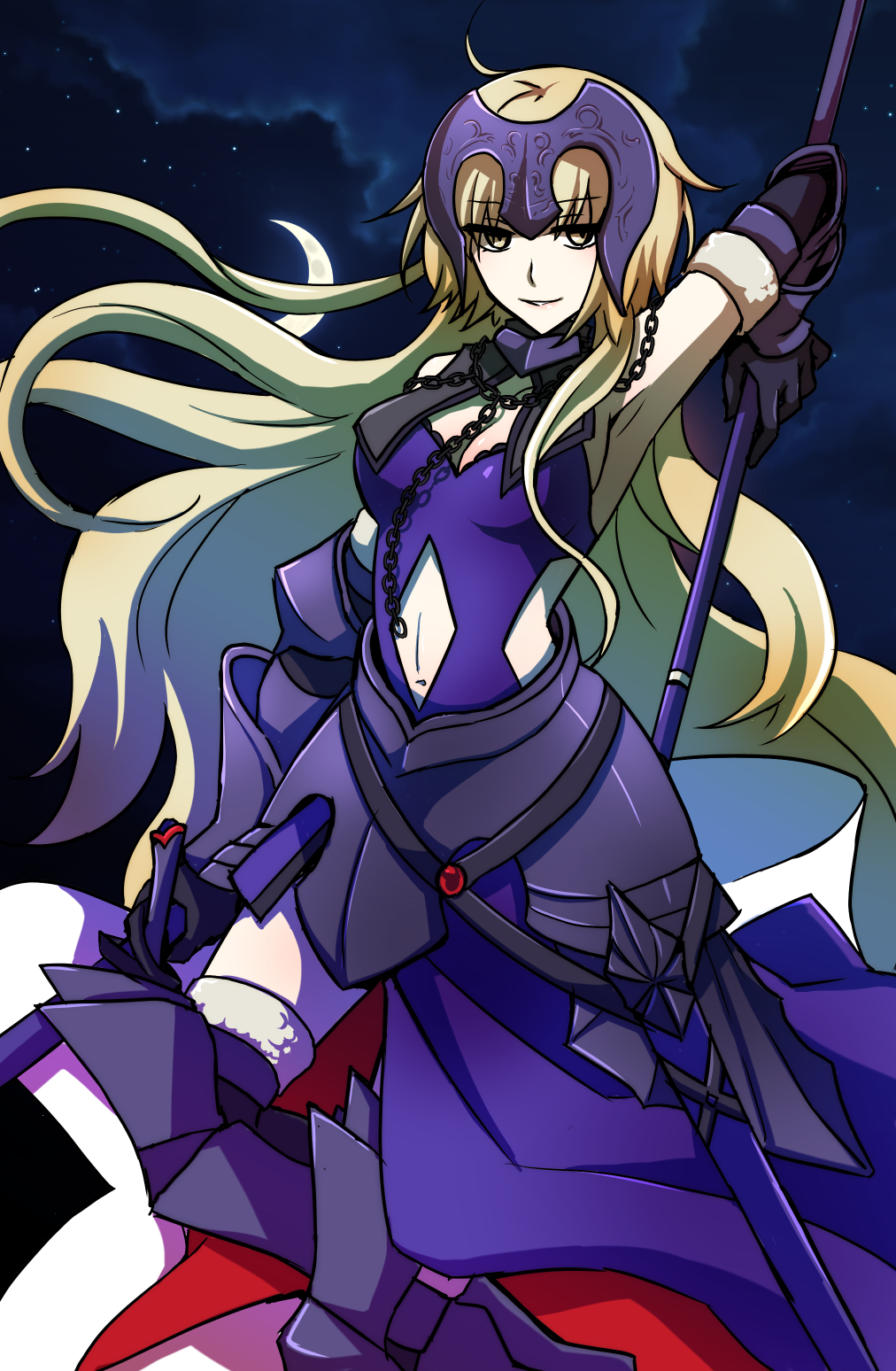 1girl, blonde_hair, breasts, chain, cleavage, clouds, dark_persona, fate/grand_order