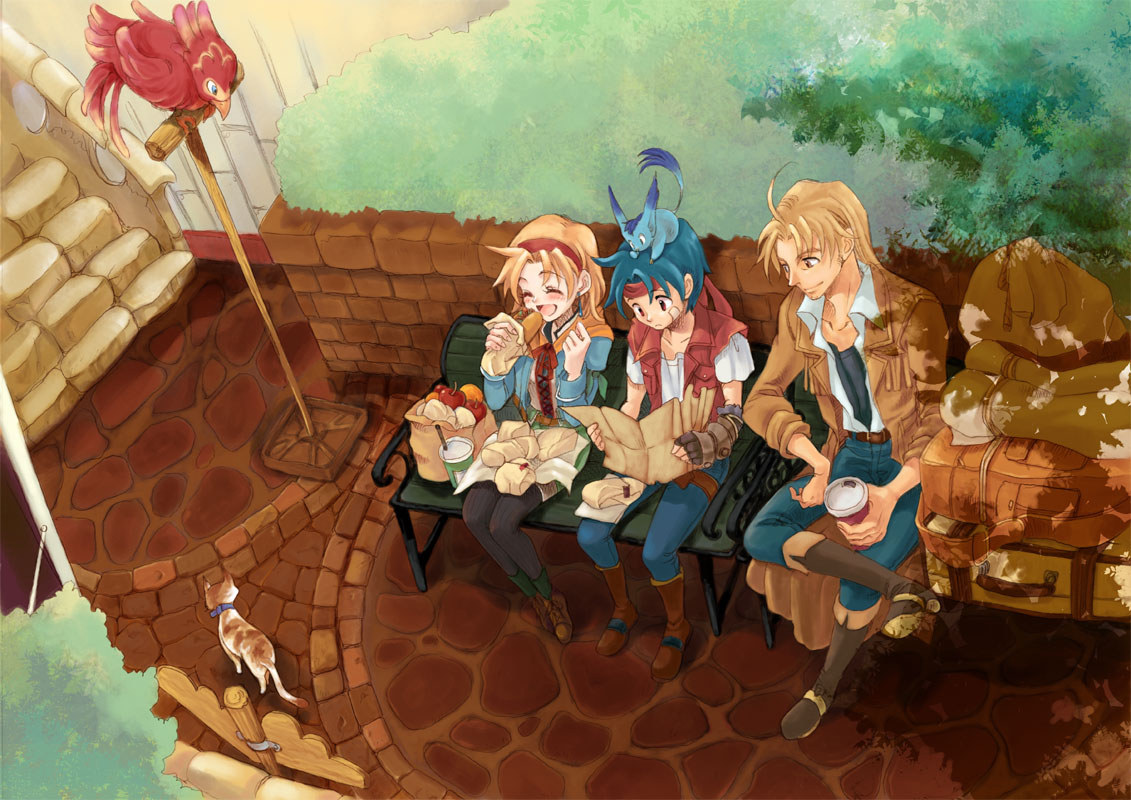 1girl, 2boys, ahoge, bag, bandages, bird, blonde_hair, blue_hair