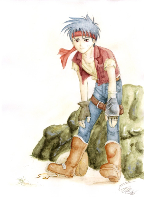 1boy, ahoge, belt, blue_hair, brown_eyes, coat, denim, gloves, headband, jeans, kawamura_kou, pants, rody_roughnight, shirt, short_hair, smile, solo, vest, wild_arms, wild_arms_1