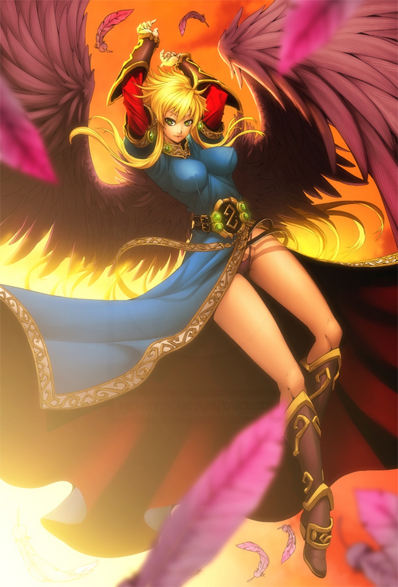 1girl, angel_wings, armlet, arms_up, artist_request, bangs, bare_legs, belt