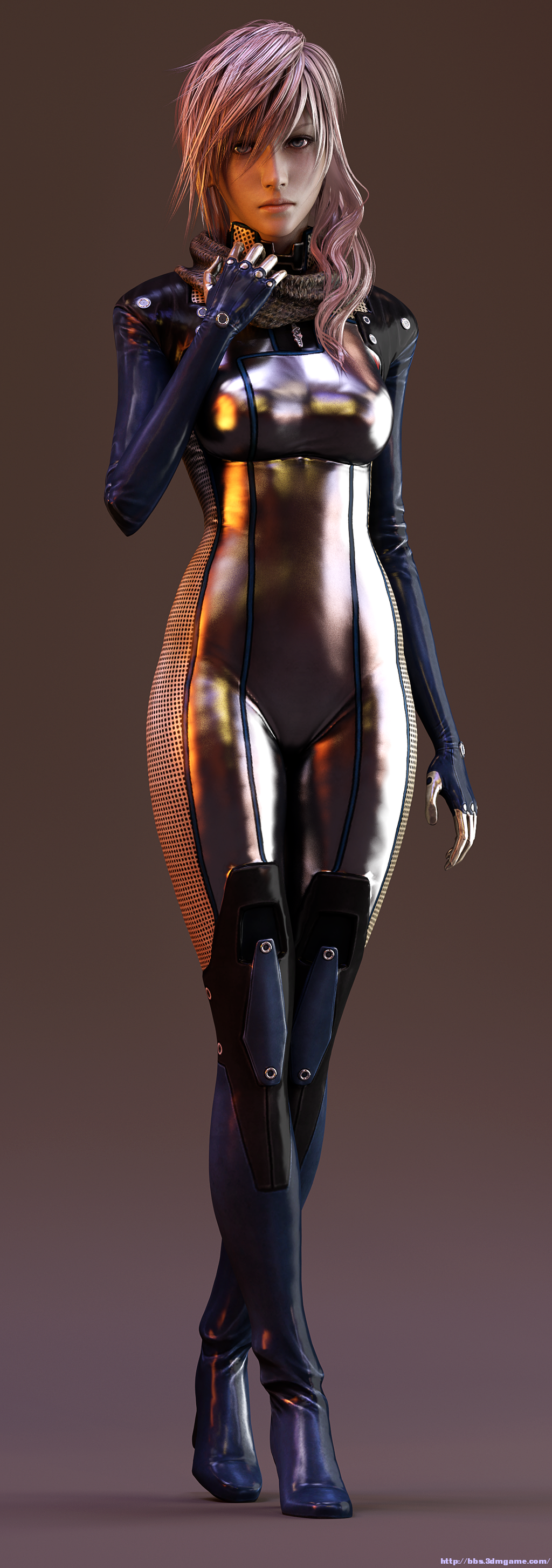 1girl, 3d, absurdres, alternate_costume, blue_eyes, bodysuit, boots, breasts, chainmail, cosplay, edi_(mass_effect), final_fantasy, final_fantasy_xiii, fingerless_gloves, gloves, highres, hips, lightning_farron, long_hair, pink_hair, skin_tight, solo