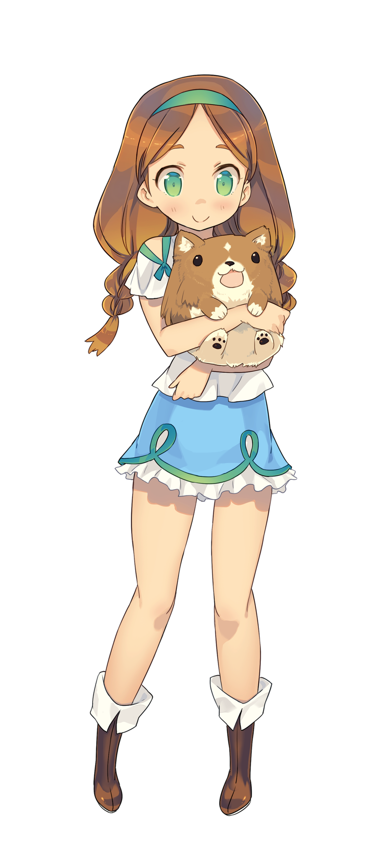 1girl, :3, blush, boots, braid, brown_hair, dog, full_body