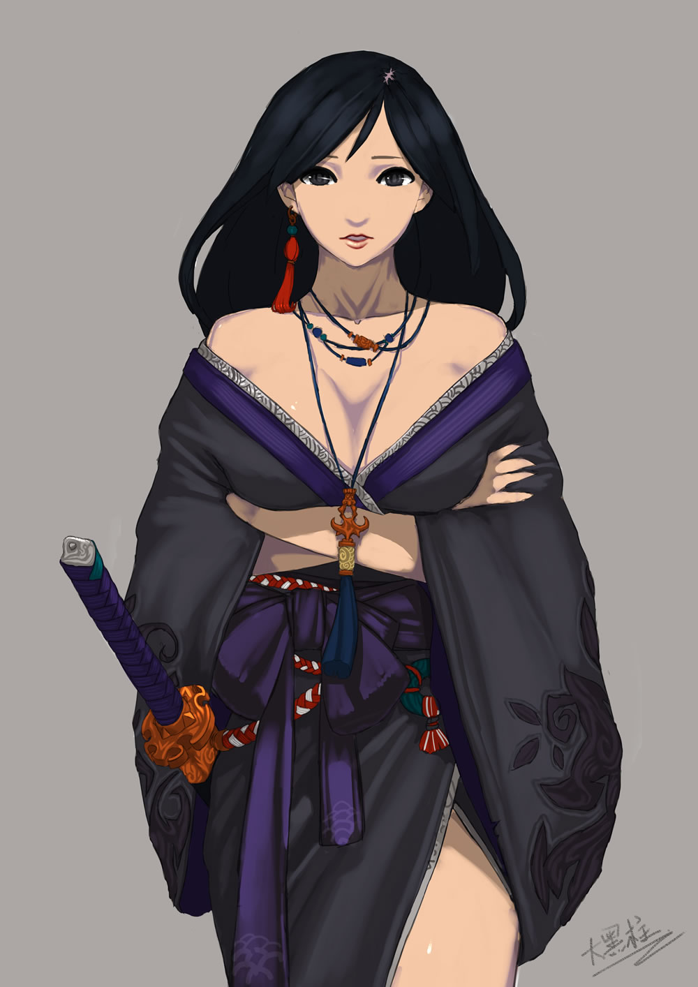 1girl, bcopy, black_eyes, black_hair, crossed_arms, earrings, highres, japanese_clothes