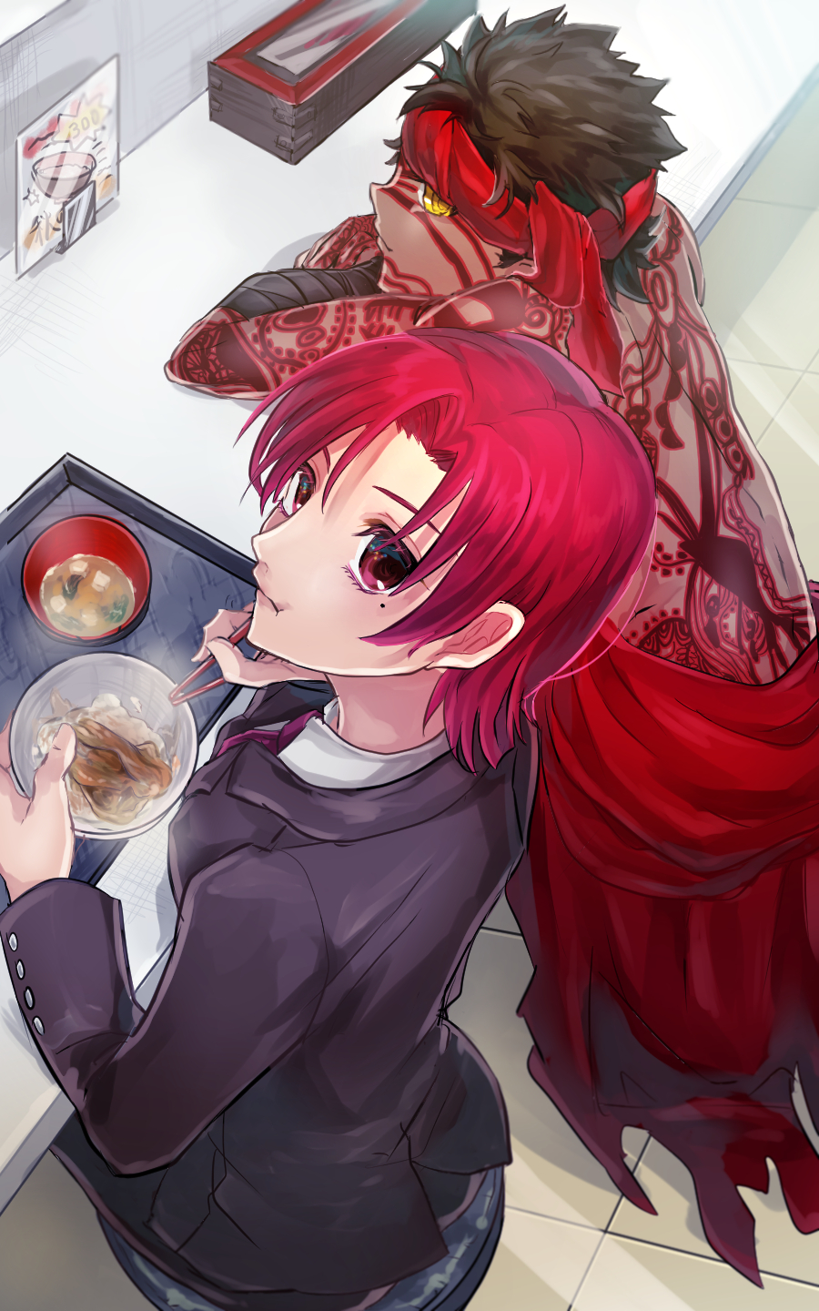 1boy, 1girl, anzu0130, avenger, bazett_fraga_mcremitz, black_hair, bowl, chopsticks