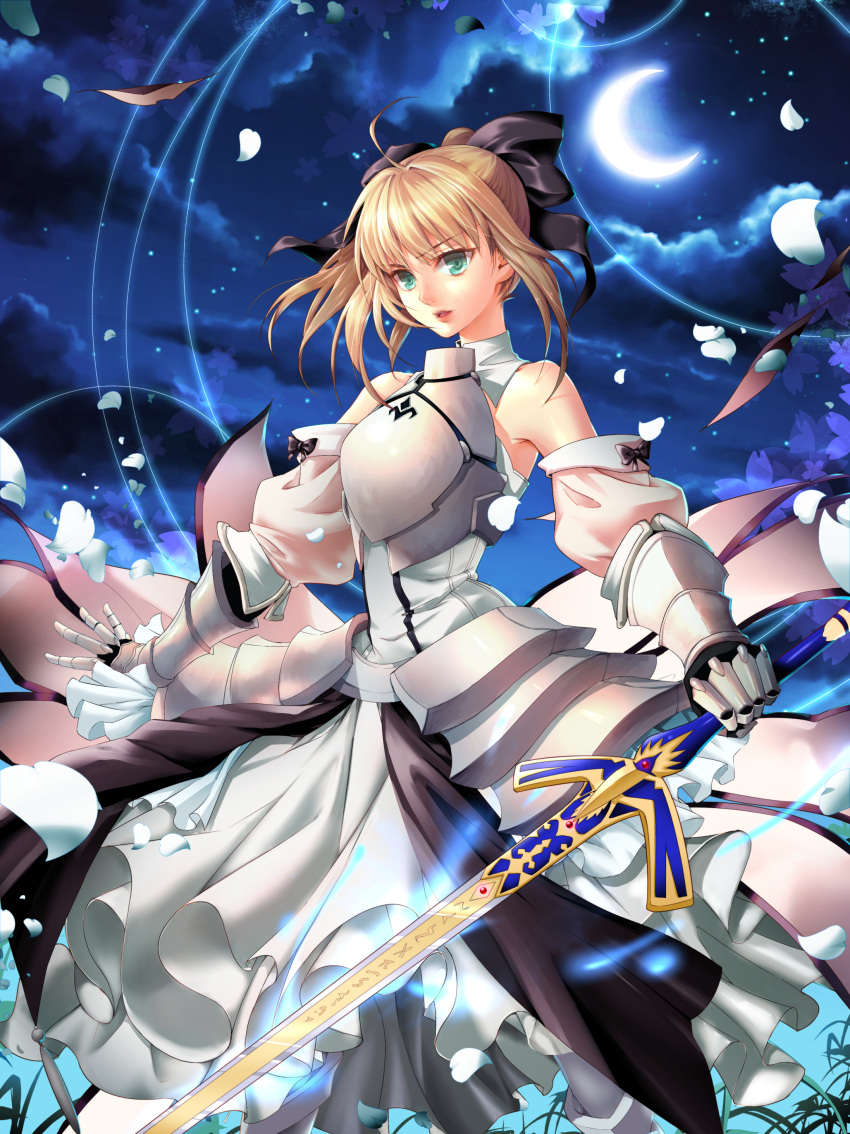 1girl, absurdres, armor, armored_dress, black_bow, blonde_hair, bow, caliburn