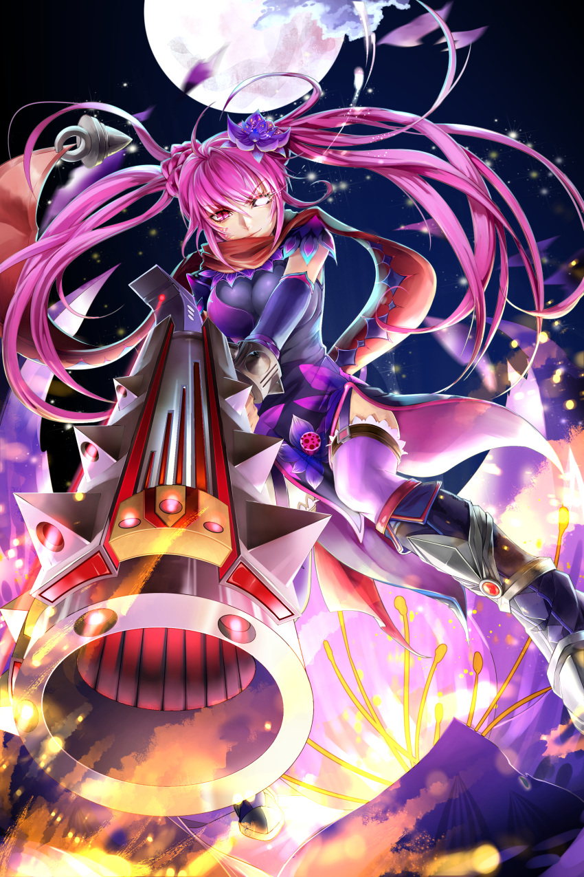 1girl, absurdres, aiming, arm_warmers, boots, flower, full_body, glowing