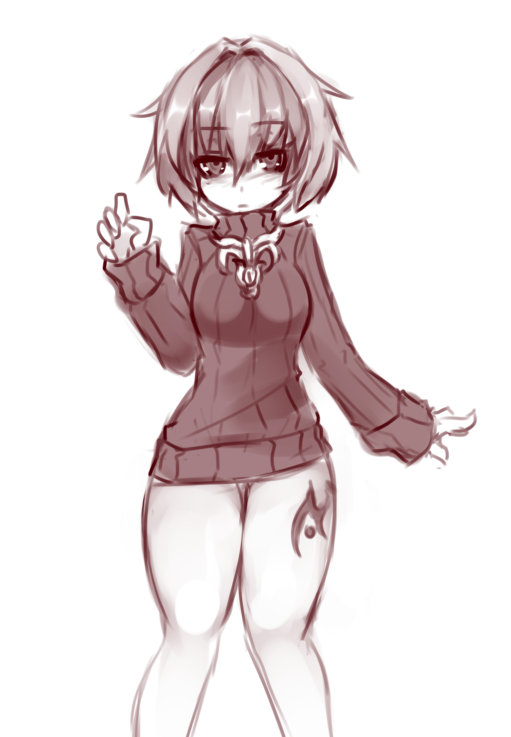 1girl, alternate_costume, blush, bottomless, highres, lich_(monster_girl_encyclopedia), monochrome, monster_girl, monster_girl_encyclopedia, no_pants, ribbed_sweater, short_hair, simple_background, sketch, solo, sub-res, sweater, tattoo, thighs, white_background