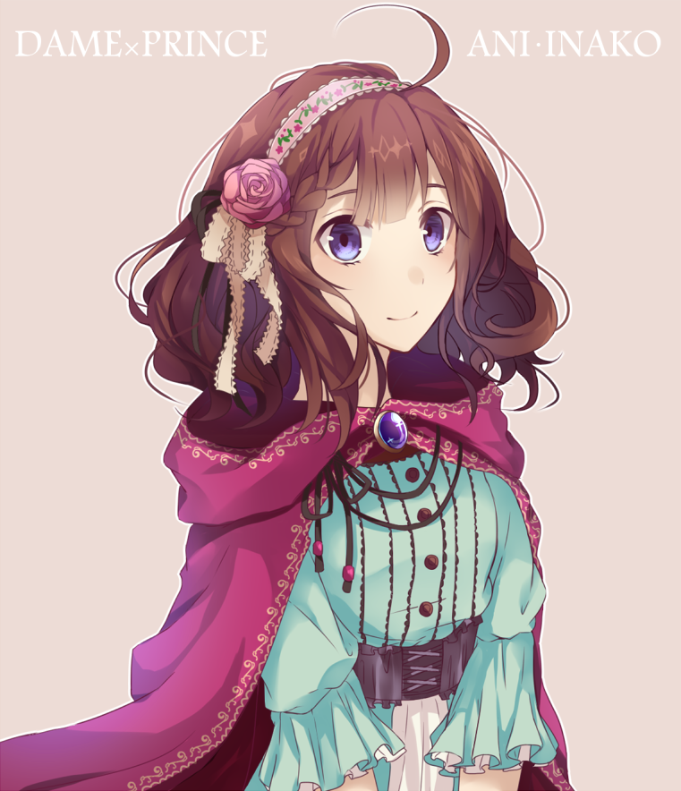 1girl, ahoge, ani_inako, blue_eyes, brooch, brown_hair, cape, character_name