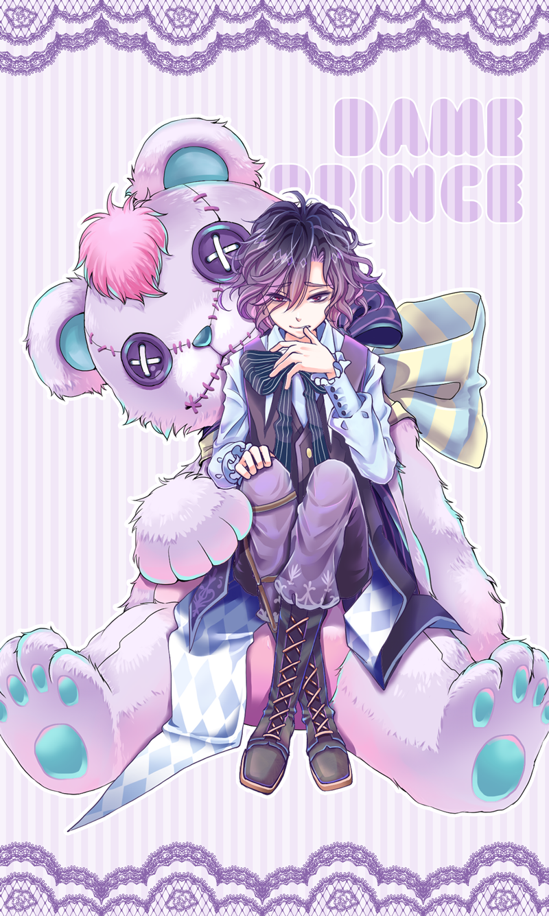 1boy, bags_under_eyes, blue_ribbon, boots, copyright_name, cross-laced_footwear, dame_x_prince, gradient_hair