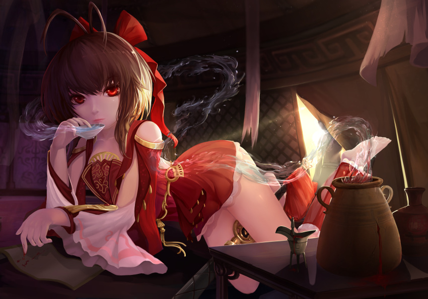 1boy, 1girl, absurdres, antenna_hair, between_legs, blood, bow, bowl