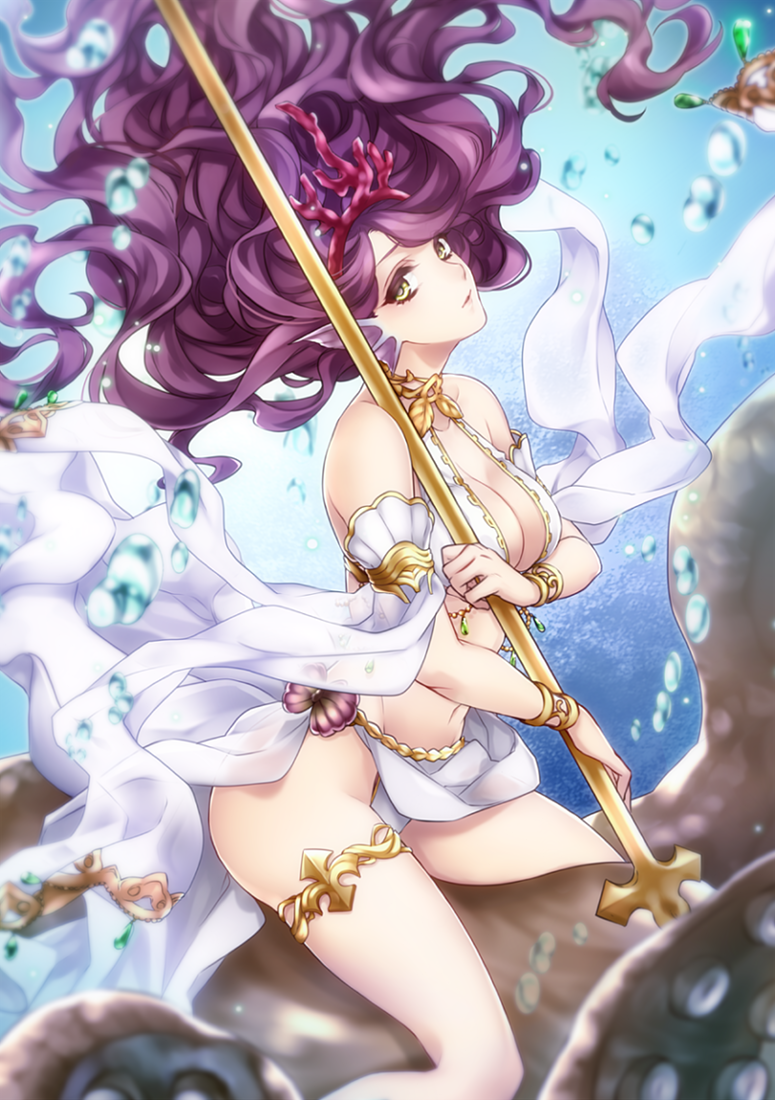 1girl, animal, bare_shoulders, bracelet, breasts, bubble, cleavage, collarbone, coral, granblue_fantasy, green_eyes, head_fins, holding, jewelry, kasai_iori, large_breasts, leaf, long_hair, looking_at_viewer, octopus, polearm, purple_hair, riding, shaft_look, side_slit, solo, thigh_strap, tiara, underwater, varuna_(granblue_fantasy), very_long_hair, weapon