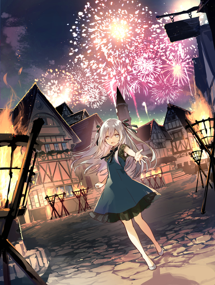 1girl, fireworks, fujiwara_truffe, grey_eyes, hair_ribbon, highres, latina_(uchi_no_musume_no_tame_naraba), long_hair