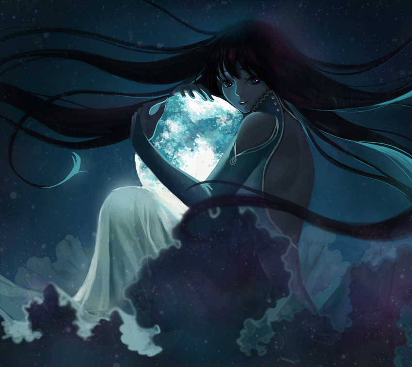 1girl, akl, bare_back, bare_shoulders, black_hair, dark_skin, dress, goddess, highres, long_hair, moon, moonlight, original, sky, solo, star_(sky), starry_sky, very_long_hair, violet_eyes