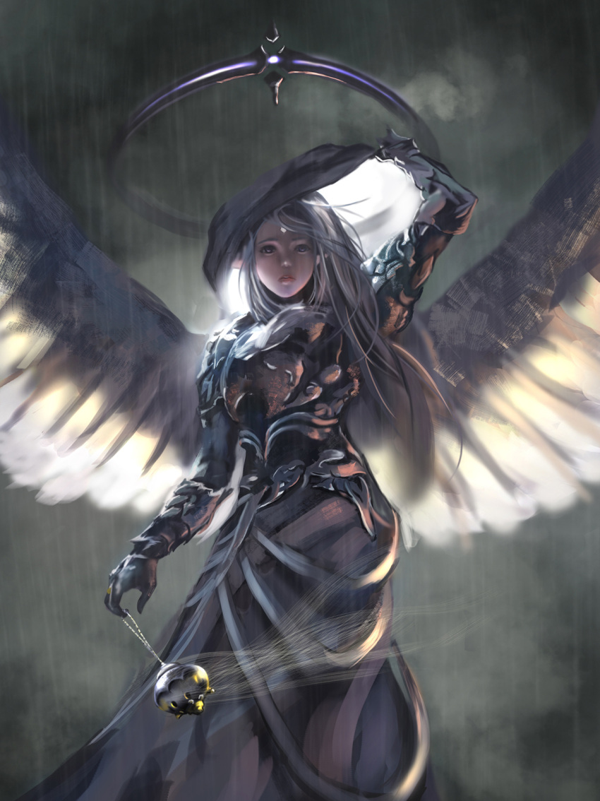 1girl, armor, big_kapipara, clouds, cloudy_sky, derivative_work, highres, hood
