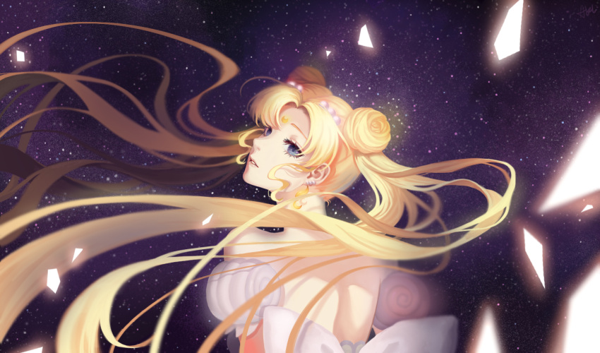 1girl, akl, bare_shoulders, bishoujo_senshi_sailor_moon, blonde_hair, blue_eyes, commentary_request, crescent, double_bun, dress, earrings, facial_mark, forehead_mark, hair_ornament, jewelry, long_hair, princess_serenity, sky, solo, star_(sky), starry_sky, strapless, strapless_dress, tsukino_usagi, twintails, white_dress