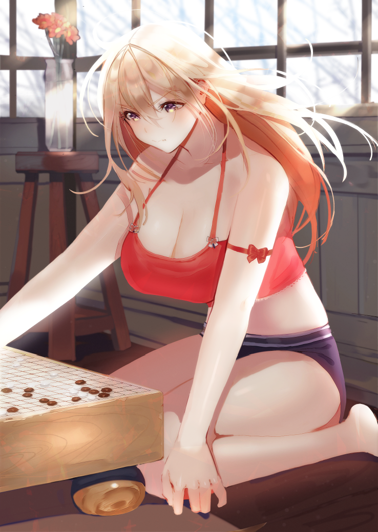 1girl, blonde_hair, board_game, bottle, bow, breasts, camisole, cleavage