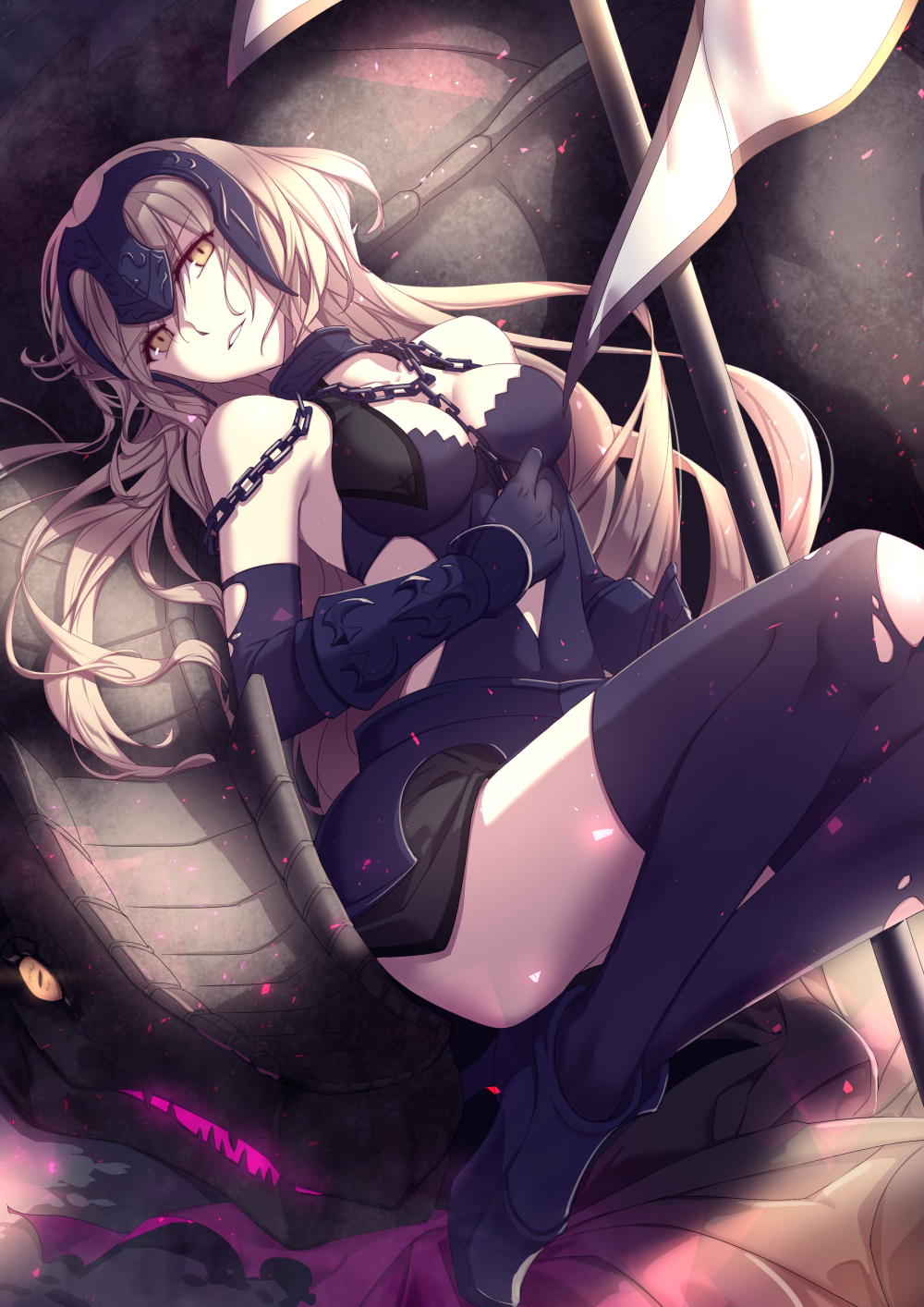 1girl, armor, blonde_hair, breasts, dark_persona, fate/grand_order, fate_(series), gauntlets
