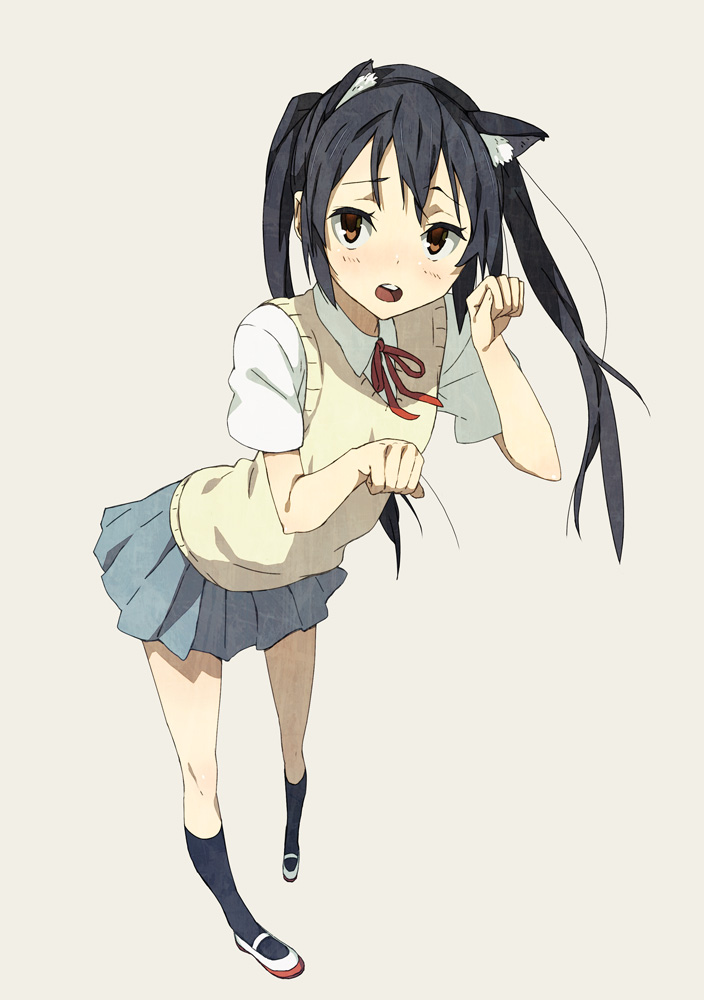 black_hair, black_legwear, black_socks, brown_eyes, cat_ears, cat_pose, flat_chest, houru