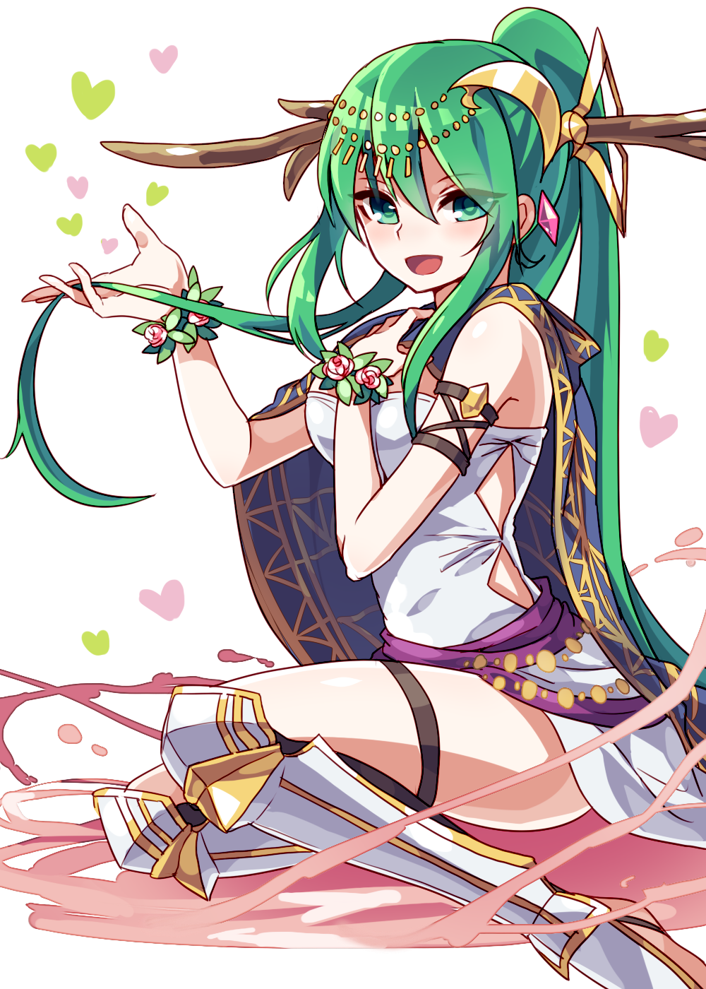 1girl, :d, artemis_(p&amp;d), bare_shoulders, blush, breasts, cape, commentary_request, dress, greaves, green_eyes, green_hair, hair_ornament, highres, jewelry, kozakura_(dictionary), long_hair, looking_at_viewer, open_mouth, ponytail, puzzle_&amp;_dragons, sidelocks, sitting, smile, solo, thigh_strap, white_dress, wrist_flower, yokozuwari