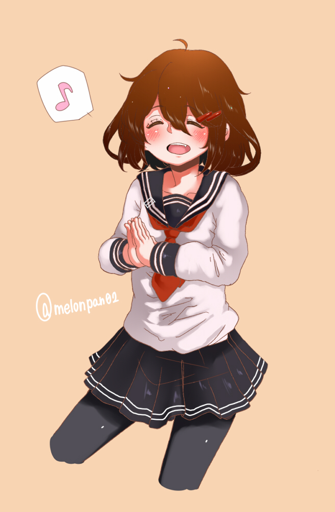1girl, ahoge, black_legwear, blush, brown_hair, closed_eyes, cropped_legs, fang