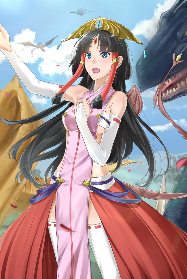 1girl, bad_id, black_hair, blue_eyes, clouds, cross_ange, dragon, dragon_tail