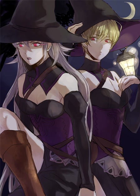 2boys, blonde_hair, boots, crossdressinging, fire_emblem, fire_emblem_if, grey_hair, hat