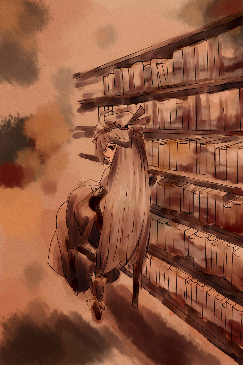 1girl, bad_id, book, bookshelf, chair, crescent, from_behind, hat