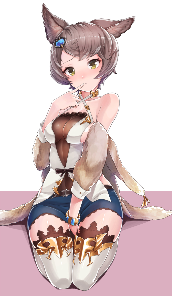 1girl, animal_ears, belt, belt_buckle, between_legs, black_bow, blue_skirt, blush
