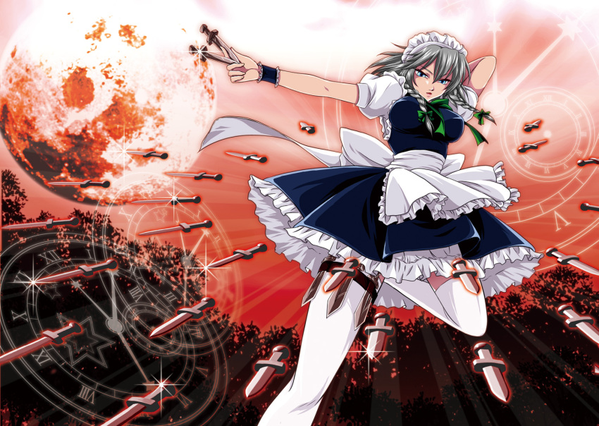 blue_eyes, braid, clock, danmaku, izayoi_sakuya, knife, maid_headdress, moon