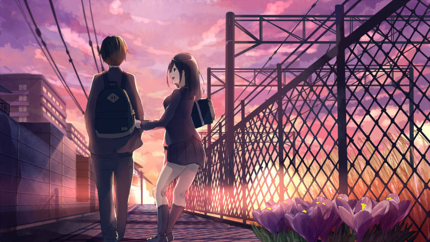 1boy, 1girl, :d, akira_(mr_akira), arm_holding, back, backpack, bag