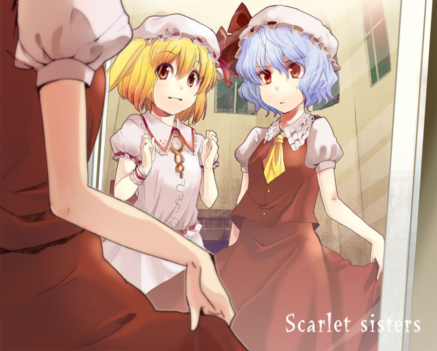 2girls, blonde_hair, blue_hair, cosplay, costume_switch, dress, flandre_scarlet, flandre_scarlet_(cosplay)