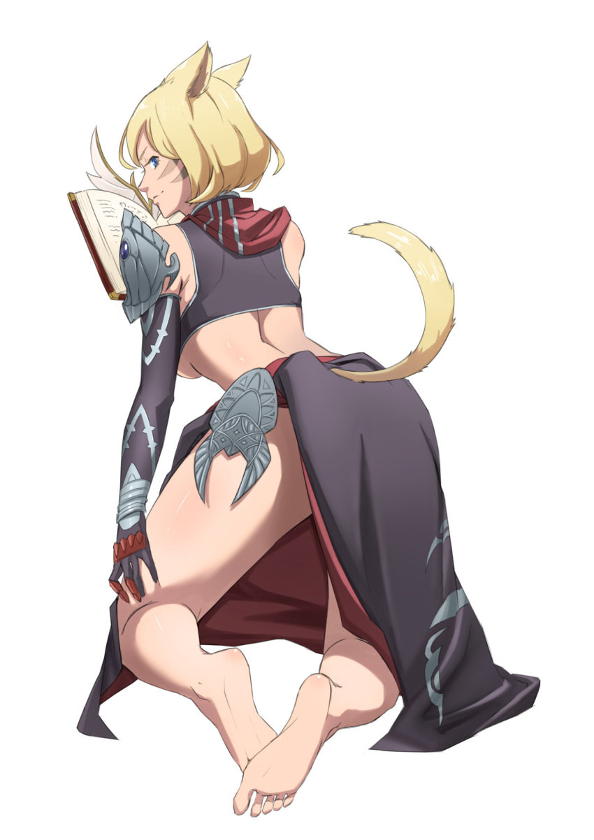 1girl, animal_ears, barefoot, blonde_hair, blue_eyes, book, breasts, cat_ears