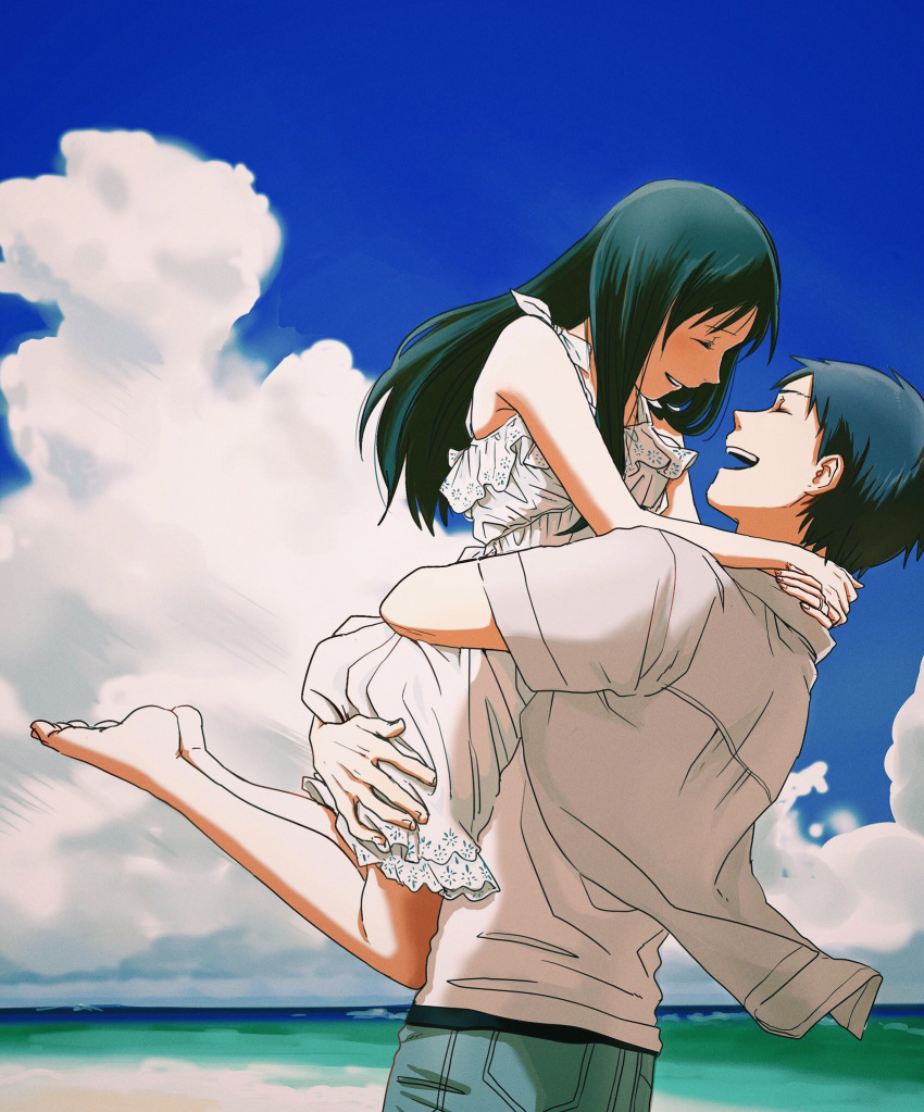 1boy, 1girl, ^_^, alternate_costume, ansatsu_kyoushitsu, back, barefoot, beach