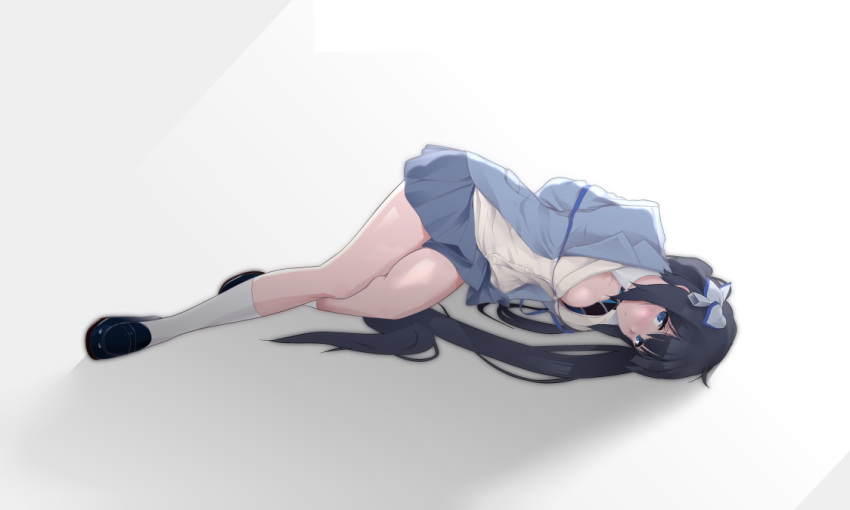 1girl, alternate_costume, arms_behind_back, bare_legs, black_shoes, blue_eyes, blue_skirt, blush
